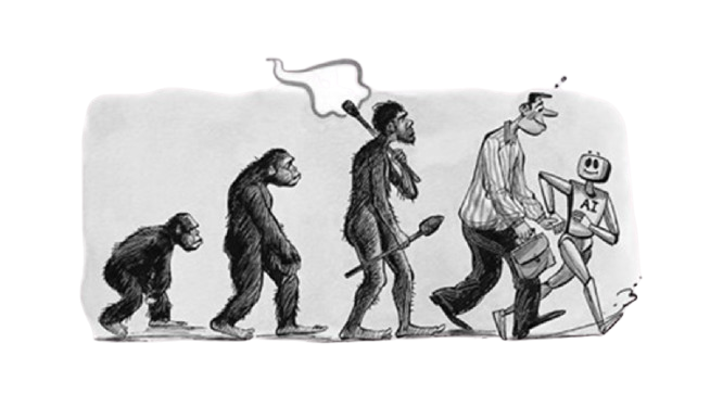 Image showing progression of man from monkey to man walking next to a robot