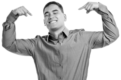 Man pointing his fingers at himself with a big smile