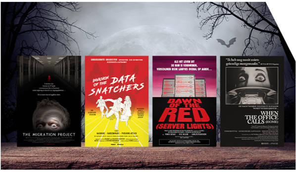 Spooky image with trees and a bat in the background, 4 horror-esque movie posters in the foreground titled "The Migration Project", "Invasion of the Data Snatchers", "Dawn of the Red (Server Lights)" and "When the office calls (Home)"