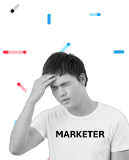 Man holding his head with Marketer written on his t-shirt